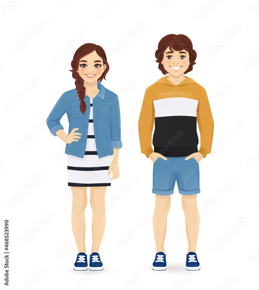 Young people in casual clothes. Smiling teenage boy and girl standing isolated vector illustration Young people in casual clothes. Smiling teenage boy and girl standing isolated vector illustration