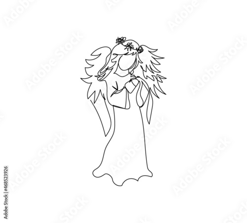 Christmas angel with wreath and wings, holy spirit, guardian one line art. Continuous line drawing of christmas traditional decor, Christmas tree toy.