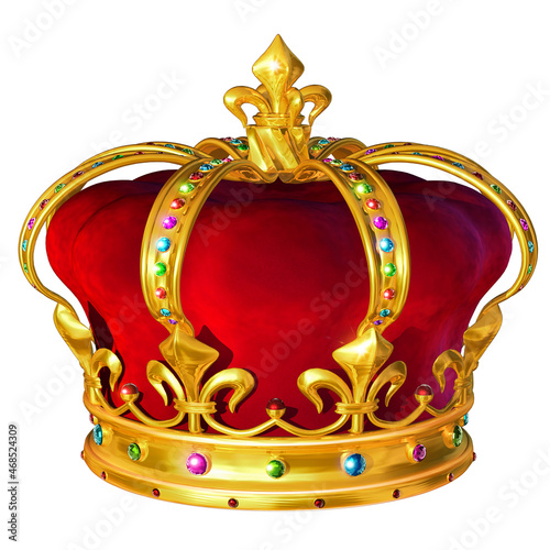 3D rendered illustration of a royal crown, crafted in gold and adorned with precious stones, isolated on white background