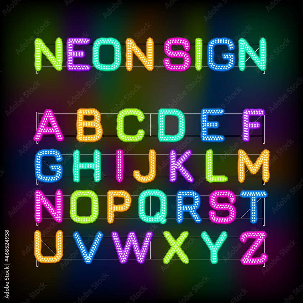 Latin alphabet made of glowing neon letters on a black background. Fluorescent letter with white bulbs in two rows. Multicolor led lamps for advertising or signage. Latin alphabet made of glowing neon letters on a black background. Fluorescent letter with white bulbs in two rows. Multicolor led lamps for advertising or signage.