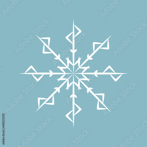 White snowflake icon isolated on blue background. Celebration decor. Vector illustration.