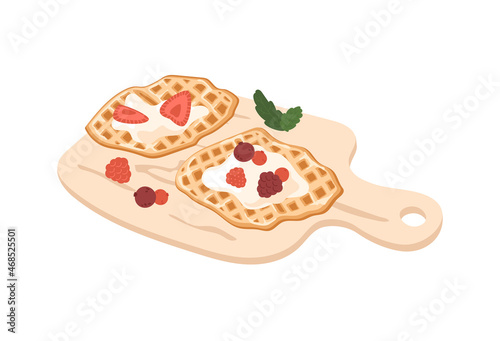 Croffle with berries on serving board. Sweet waffle with strawberry, raspberry, cream and mint leaves. Asian baked food. Vector illustration.
