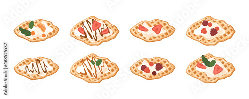 Croffles set. Sweet waffles collection with different toppings: strawberry slices, raspberry, blueberries, orange, mint leaves, cream, caramel and chocolate syrup. Vector illustration with dessert.