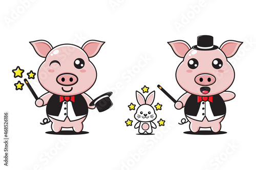 pig magician cute character set