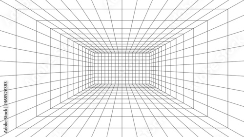3d wireframe grid room. 3d perspective laser grid 16 9.. Cyberspace white background with black mesh. Futuristic digital hallway space in virtual reality. Vector illustration.