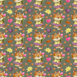 Watercolor seamless pattern with cute tiger. Hand drawn illustration hearts,  confetti, stars and other symbols of holiday.