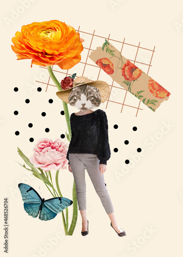 Collage vintage feminine aesthetic element, cat illustration collage mixed media art