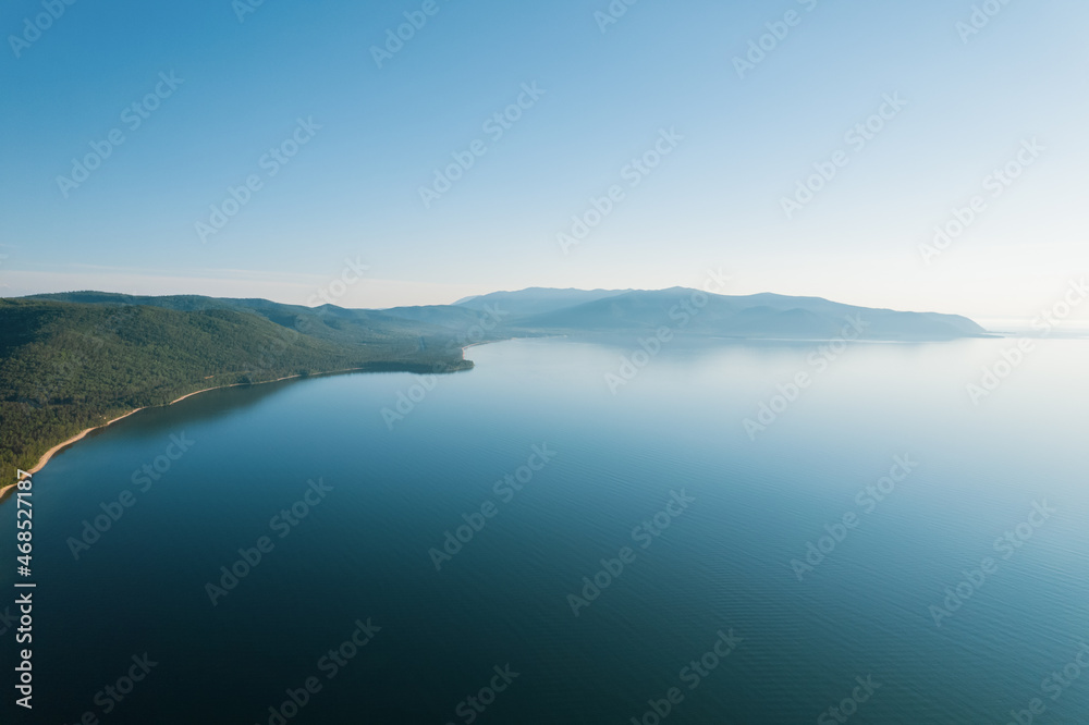Lake Baikal is a rift lake located in southern Siberia, Russia Baikal lake summer landscape view . Summertime imagery. Drone's Eye View.