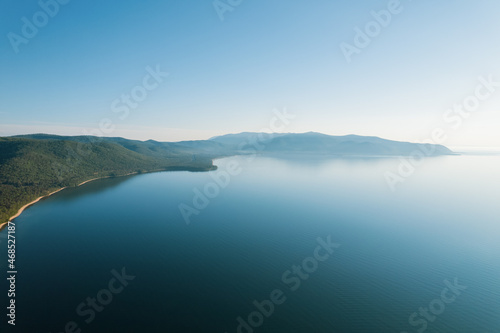 Lake Baikal is a rift lake located in southern Siberia, Russia Baikal lake summer landscape view . Summertime imagery. Drone's Eye View.