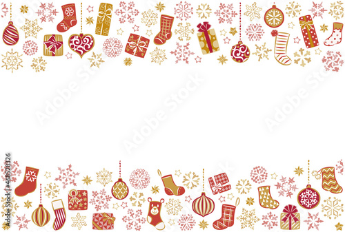 クリスマスフレーム　横　雪の結晶、靴下、プレゼント、オーナメント