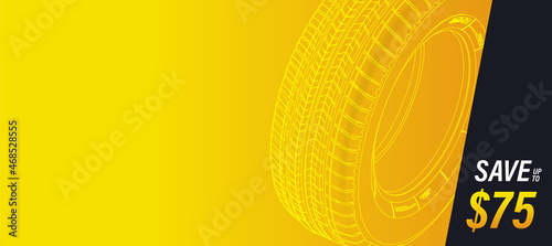 Automotive flyer template. Tire track. Vehicle tires or tyres in a row. Line art. Banner concept with line art for the site header on a  orange background. Sale of tires or spare parts for the car.