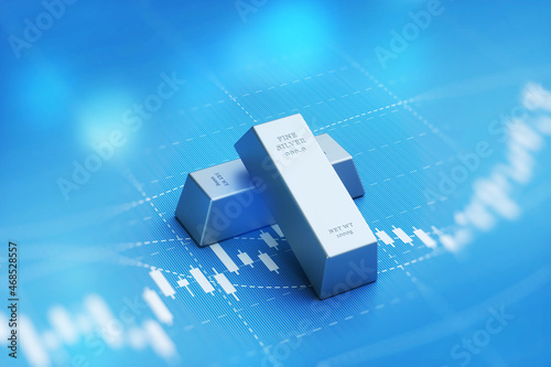 Silver bars on a blue background with financial stock price graph. Commodities investment concept, 3d rendering.