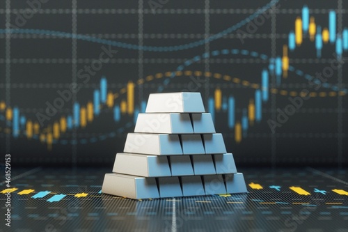Silver bars on a background with financial stock price graph. Commodities investment concept, 3d rendering.
