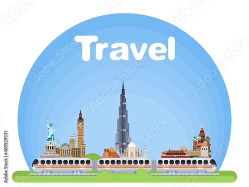 Tourism travel by train around the world. vector