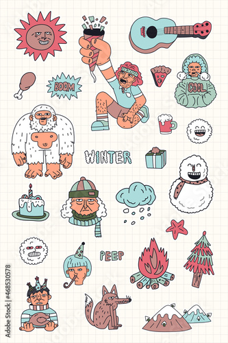 Hand drawn winter character stickers collection vector