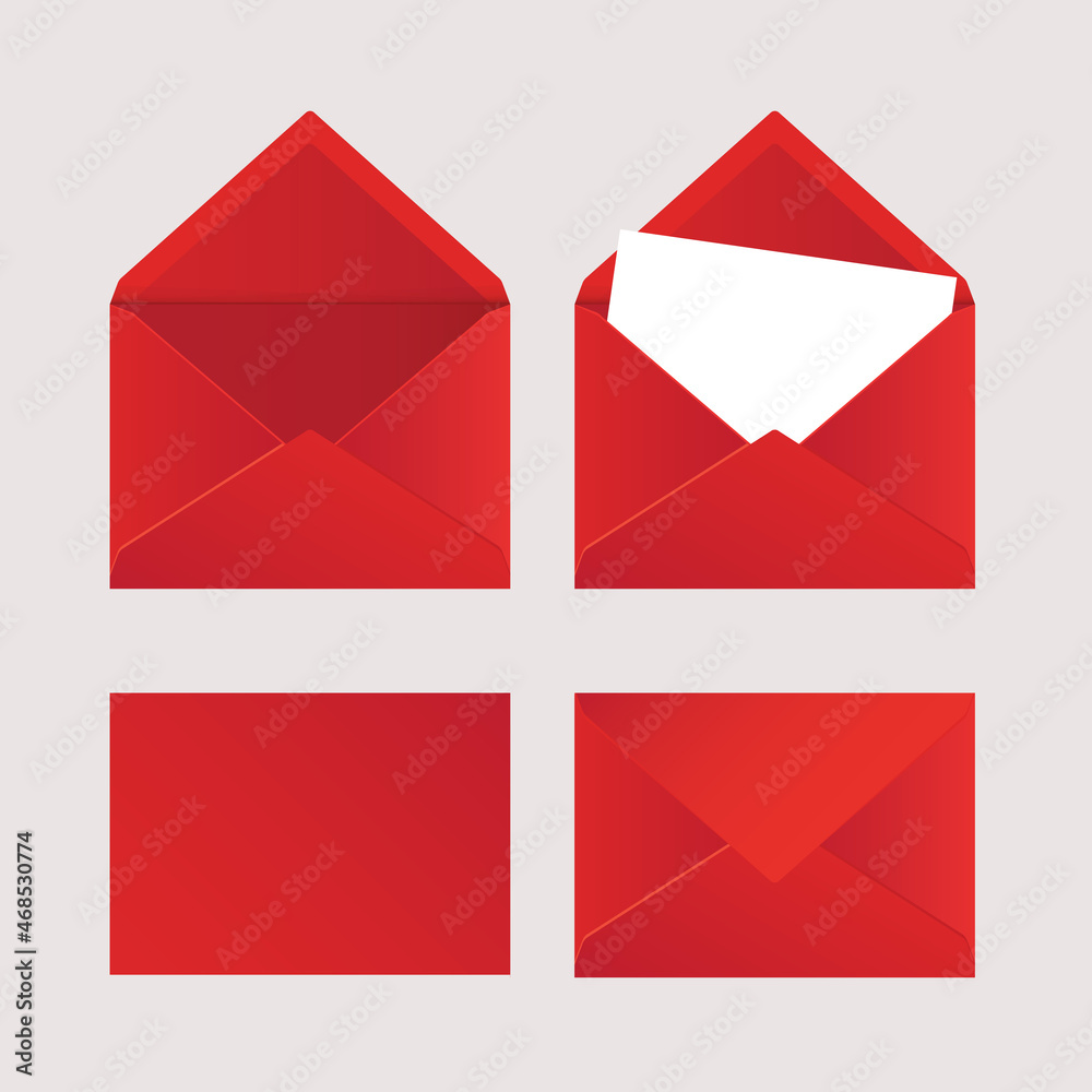Vector collection of red paper mail envelopes. Vector empty mockups. Letter, Valentine season's greetings, message, office document cover. Vector collection of red paper mail envelopes. Vector empty mockups. Letter, Valentine season's greetings, message, office document cover.