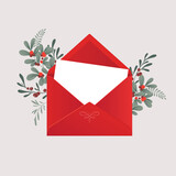 Christmas season's greetings template. Classic envelope with winter botanical decoration, flowers and greenery, xmas plants and berries