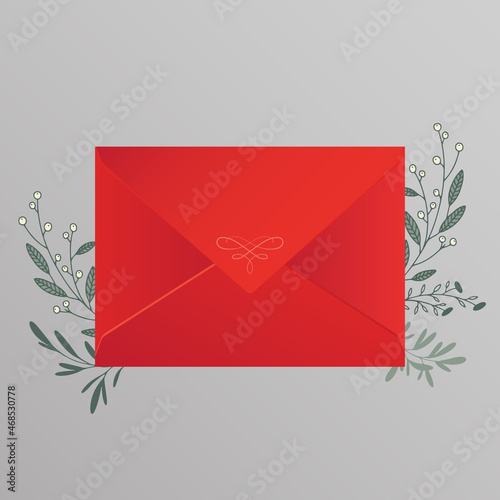 Christmas season's greetings template. Classic envelope with winter botanical decoration, flowers and greenery, xmas plants and berries