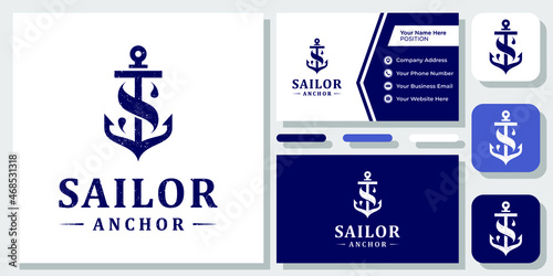 Initial Letter S Sailor Anchor Maritime Marine Ship Nautical Logo Design with Business Card Template