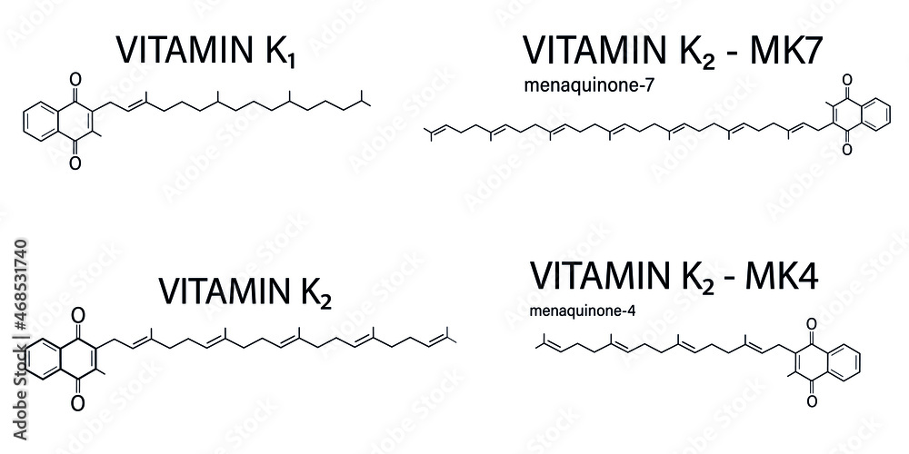 Chemical structure of vitamin K1 and K2 (Menachinon4 or menaquinone4, MK4 and Menachinon7 or