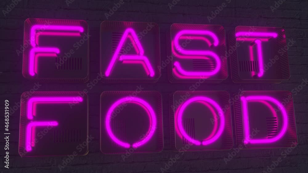 FAST FOOD signboard made with glowing neon letters in the dark. 3D animation FAST FOOD signboard made with glowing neon letters in the dark. 3D animation