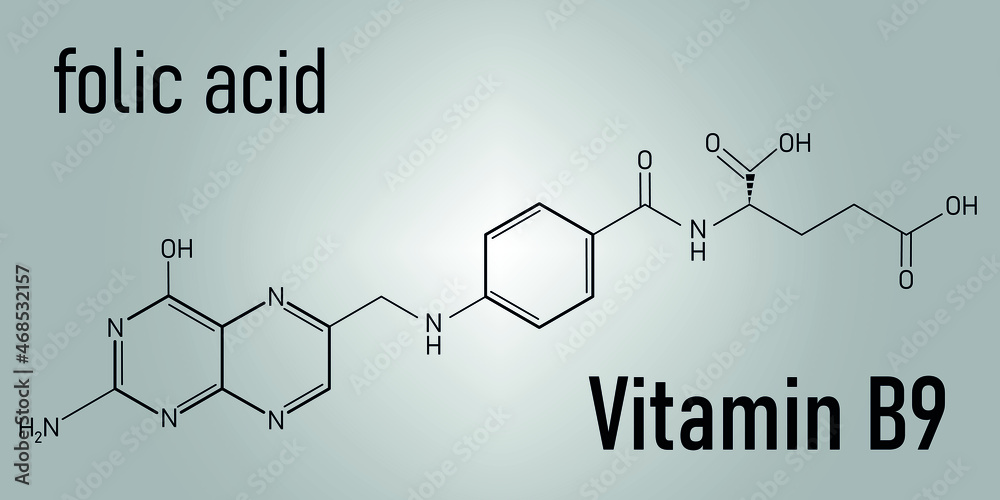 Vitamin B9 (folic acid) molecule. Skeletal formula.
Vitamin B9 (folic acid) molecule. Skeletal formula.