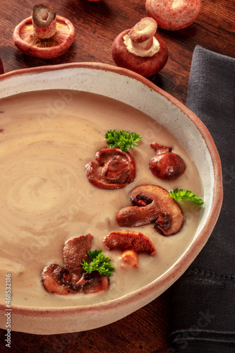 Mushroom soup with ingredients, on a dark rustic wooden table