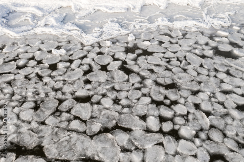abstract texture of broken white ice and dark blue water. View of the ice from a drone. background of the frozen surface of a clean lake or river abstract texture of broken white ice and dark blue water. View of the ice from a drone. background of the frozen surface of a clean lake or river