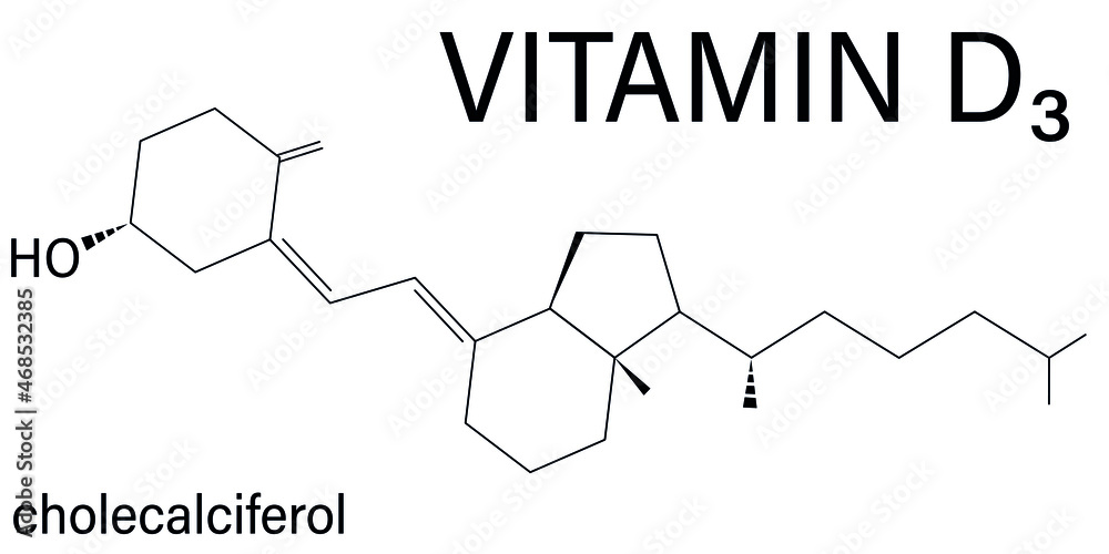 Vitamin D (D3, cholecalciferol) molecule. Skeletal formula. Vitamin D (D3, cholecalciferol) molecule. Skeletal formula.