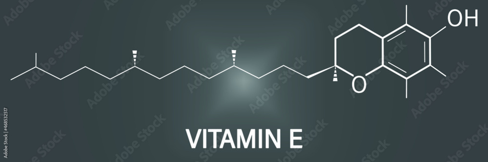 Vitamin E (alpha tocopherol) molecule. Skeletal formula.
Vitamin E (alpha tocopherol) molecule. Skeletal formula.