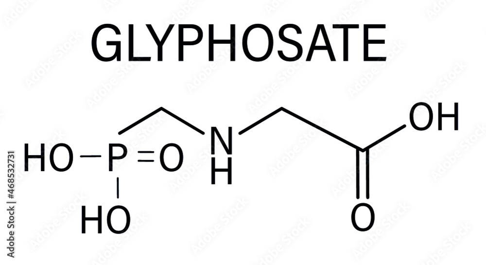 Glyphosate herbicide molecule. Crops resistant to glyphosate