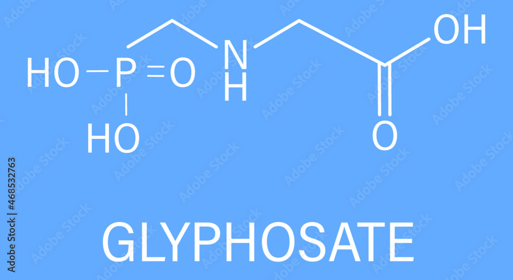 Glyphosate herbicide molecule. Crops resistant to glyphosate (genetically modified organisms, GMO) have been produced by genetic engineering. Skeletal formula.
Glyphosate herbicide molecule. Crops resistant to glyphosate (genetically modified organisms, GMO) have been produced by genetic engineering. Skeletal formula.