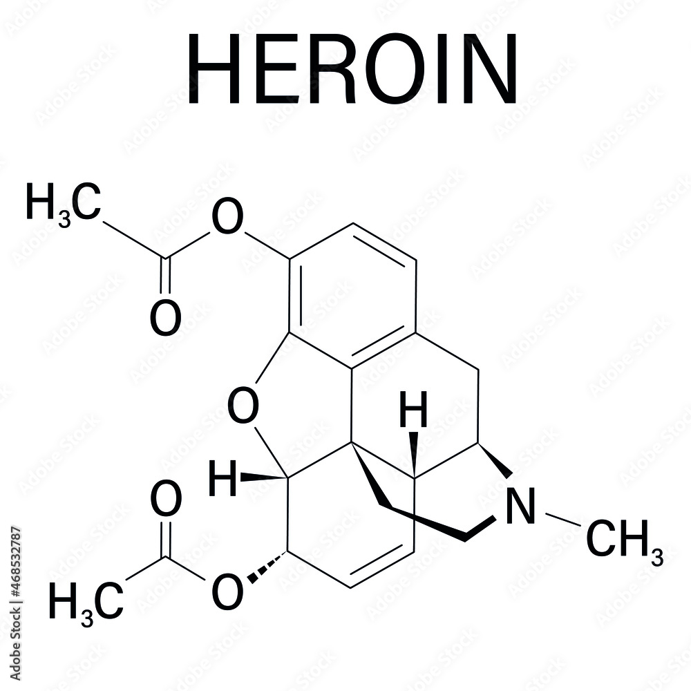 Heroin molecular structure isolated flat vector sign. Heroin (diacetylmorphine, morphine diacetate, diamorphine) opioid drug molecule.