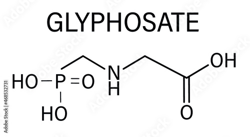 Glyphosate herbicide molecule. Crops resistant to glyphosate (genetically modified organisms, GMO) have been produced by genetic engineering. Skeletal formula.	
