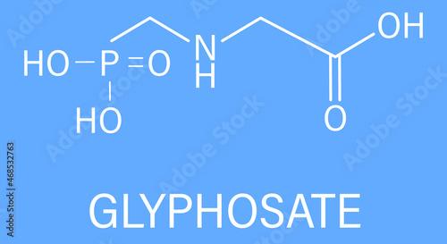 Glyphosate herbicide molecule. Crops resistant to glyphosate (genetically modified organisms, GMO) have been produced by genetic engineering. Skeletal formula.	
