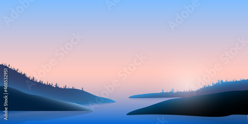 Mountains and river, blue landscape with pink sky © natova