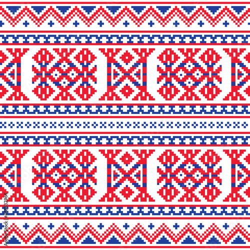 Sami folk art vector seamless pattern, retro design styled as traditional cross-stitch ornament from Lapland in red and blue
