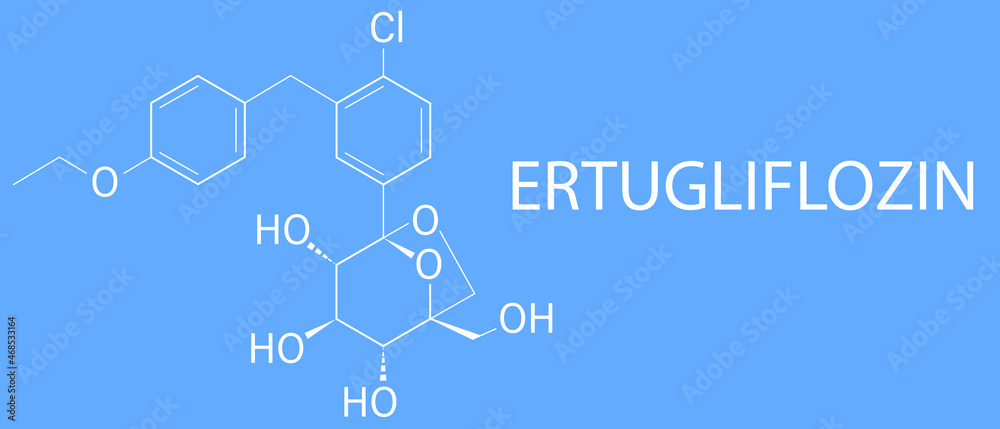 Ertugliflozin diabetes drug molecule. Skeletal formula. Ertugliflozin diabetes drug molecule. Skeletal formula.
