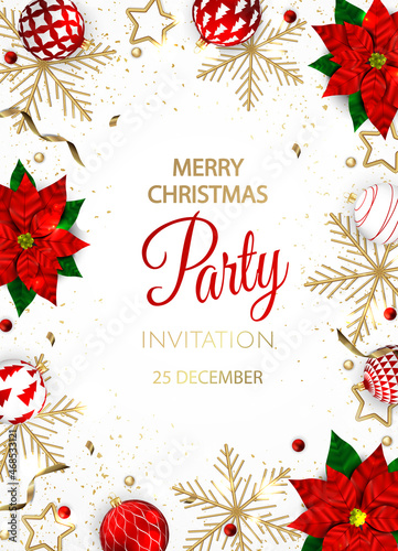 Christmas party invitation with balls and gold snowflakes
