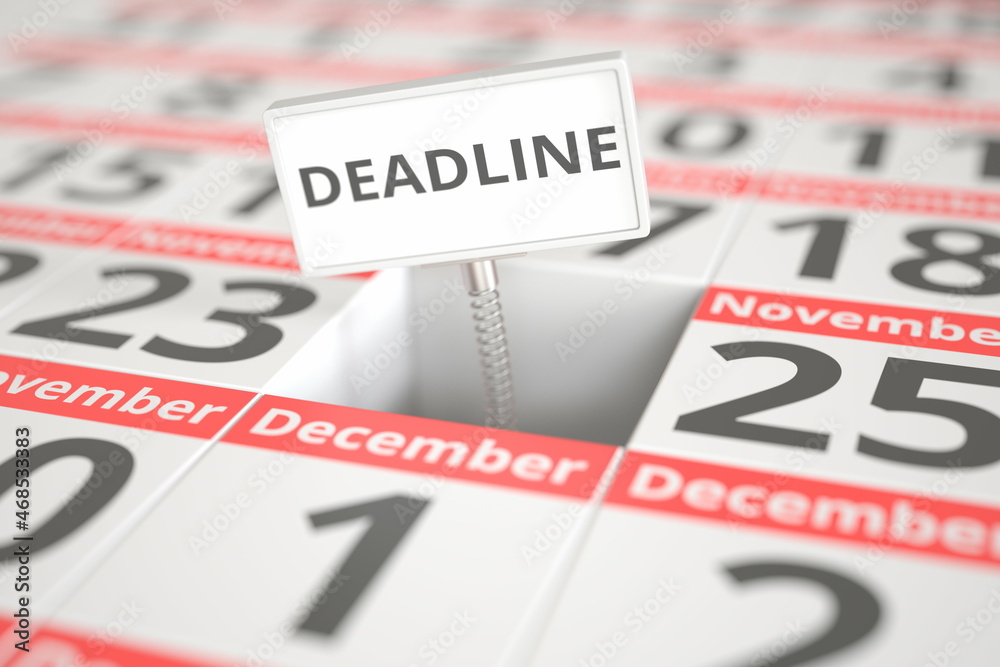 DEADLINE plate on November 24 in a calendar, 3d rendering
