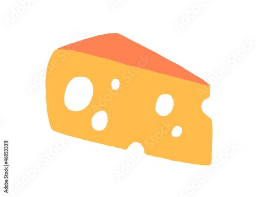Cheese with large holes. Triangle piece of Swiss dairy snack. Part of porous Holland Maasdam chees. Colored flat vector illustration of fresh milk product isolated on white background