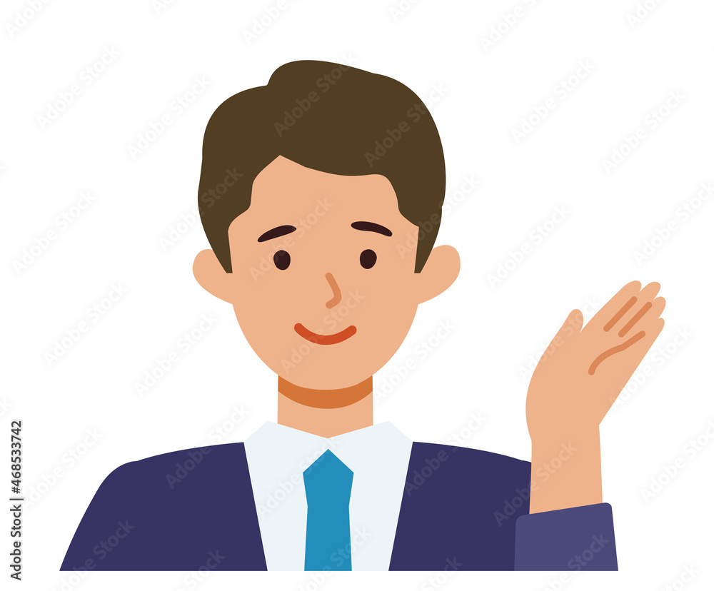 BusinessMan cartoon character. People face profiles avatars and icons. Close up image of pointing man.