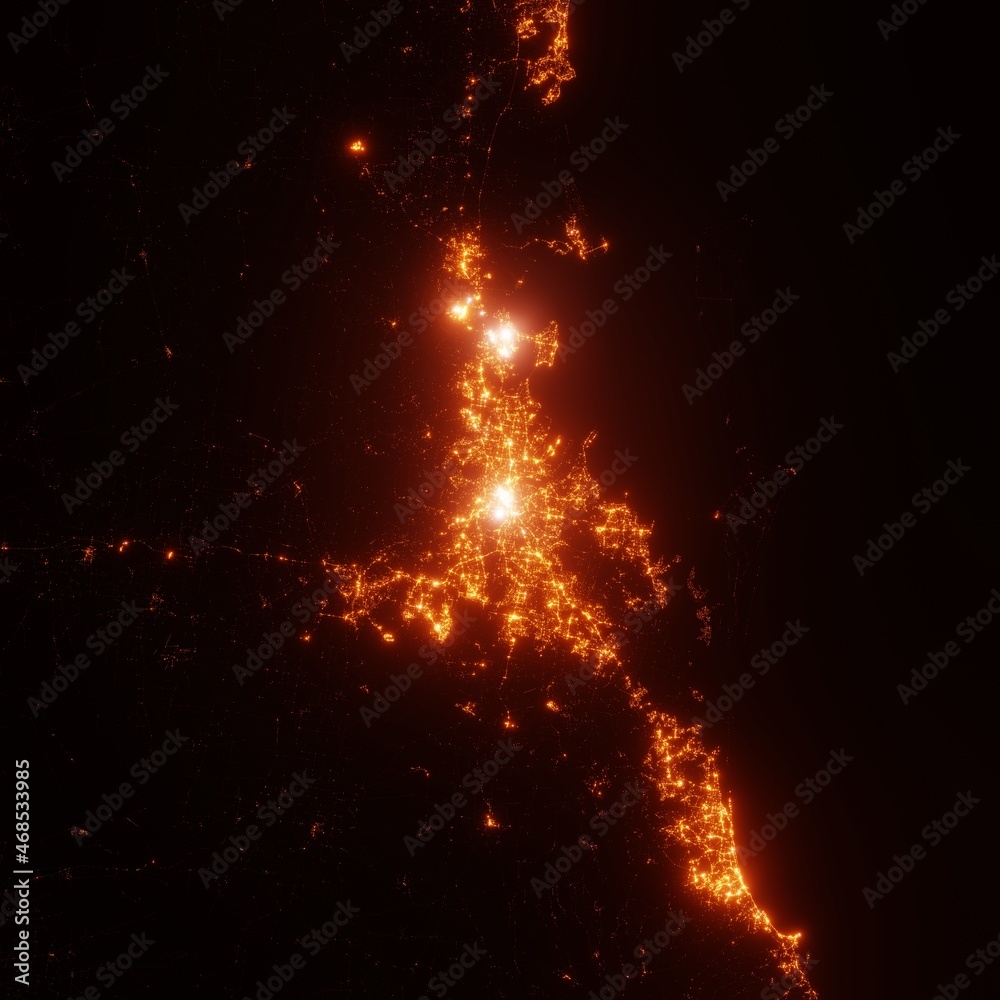 Brisbane city lights map, top view from space. Aerial view on night street lights. Global networking, cyberspace