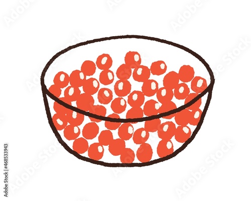 Red caviar in glass bowl. Delicacy food drawn in doodle style. Fresh luxury seafood. Premium restaurant snack. Colored flat vector illustration isolated on white background