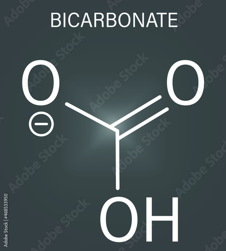Bicarbonate anion skeletal formula, chemical structure. Common salts include sodium bicarbonate (baking soda) and ammonium bicarbonate.