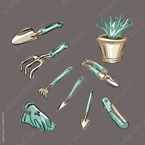 Gardening or horticulture concept. Collection of garden tools and plants. Design elements for print, packaging or stickers. Isolated vector objects.