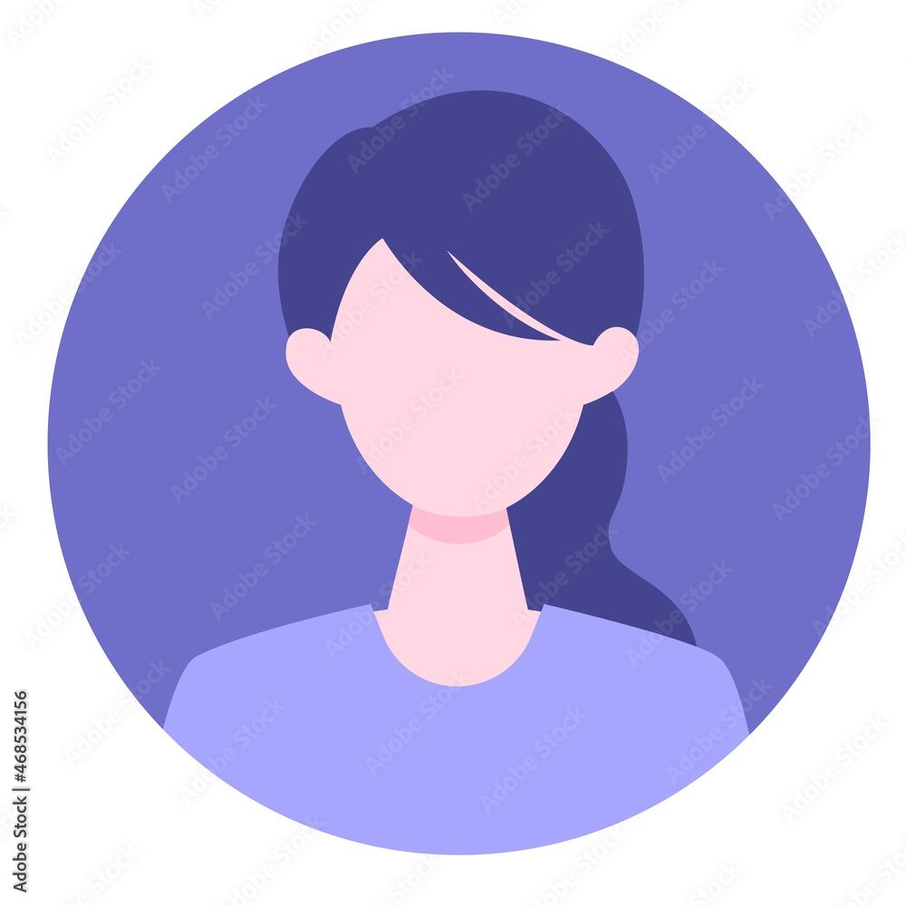 Young Woman cartoon character. People face profiles avatars and icons. Close up image of smiling Woman.