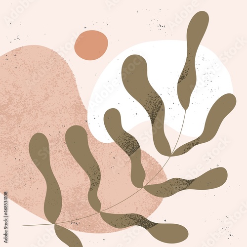 Modern abstract card with leaf and geometric shapes. Minimal design with bota...