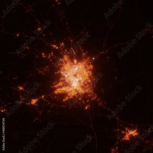 Riyadh city lights map, top view from space. Aerial view on night street lights. Global networking, cyberspace