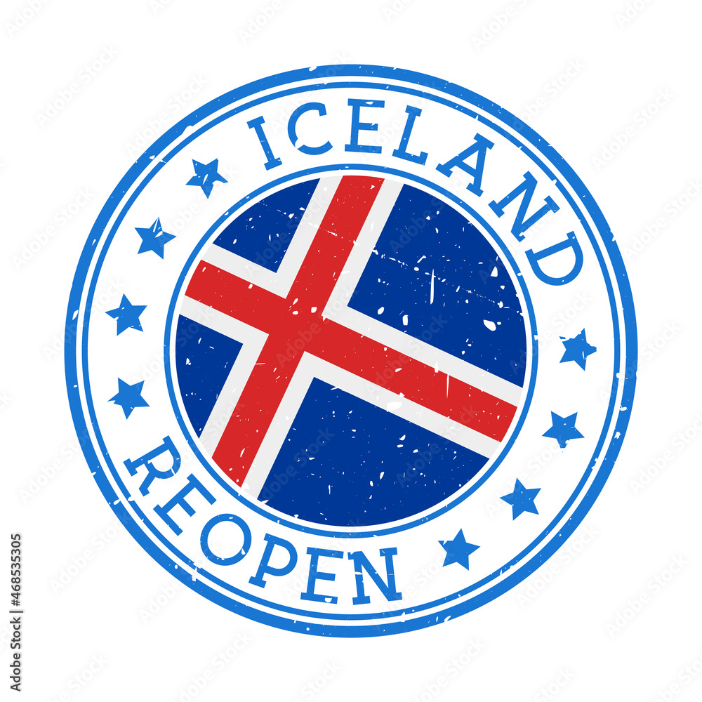 Iceland reopening stamp. Round badge of country with flag of Iceland. Reopening after lockdown sign. Vector illustration. Iceland reopening stamp. Round badge of country with flag of Iceland. Reopening after lockdown sign. Vector illustration.